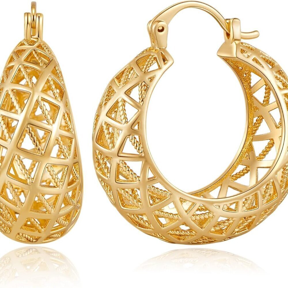 Gold Filigree Hoop Earrings for Women Copper Thick Chunky Wide Openwork